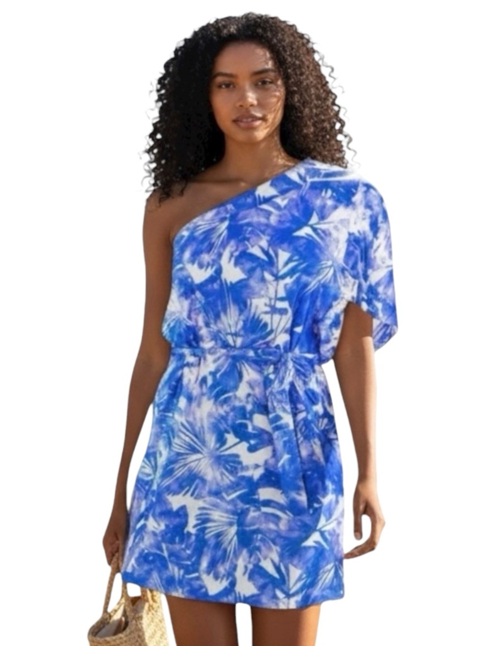 Trina Turk Basque One Shoulder Swim Coverup Dress Blue Size M Tropical Resort